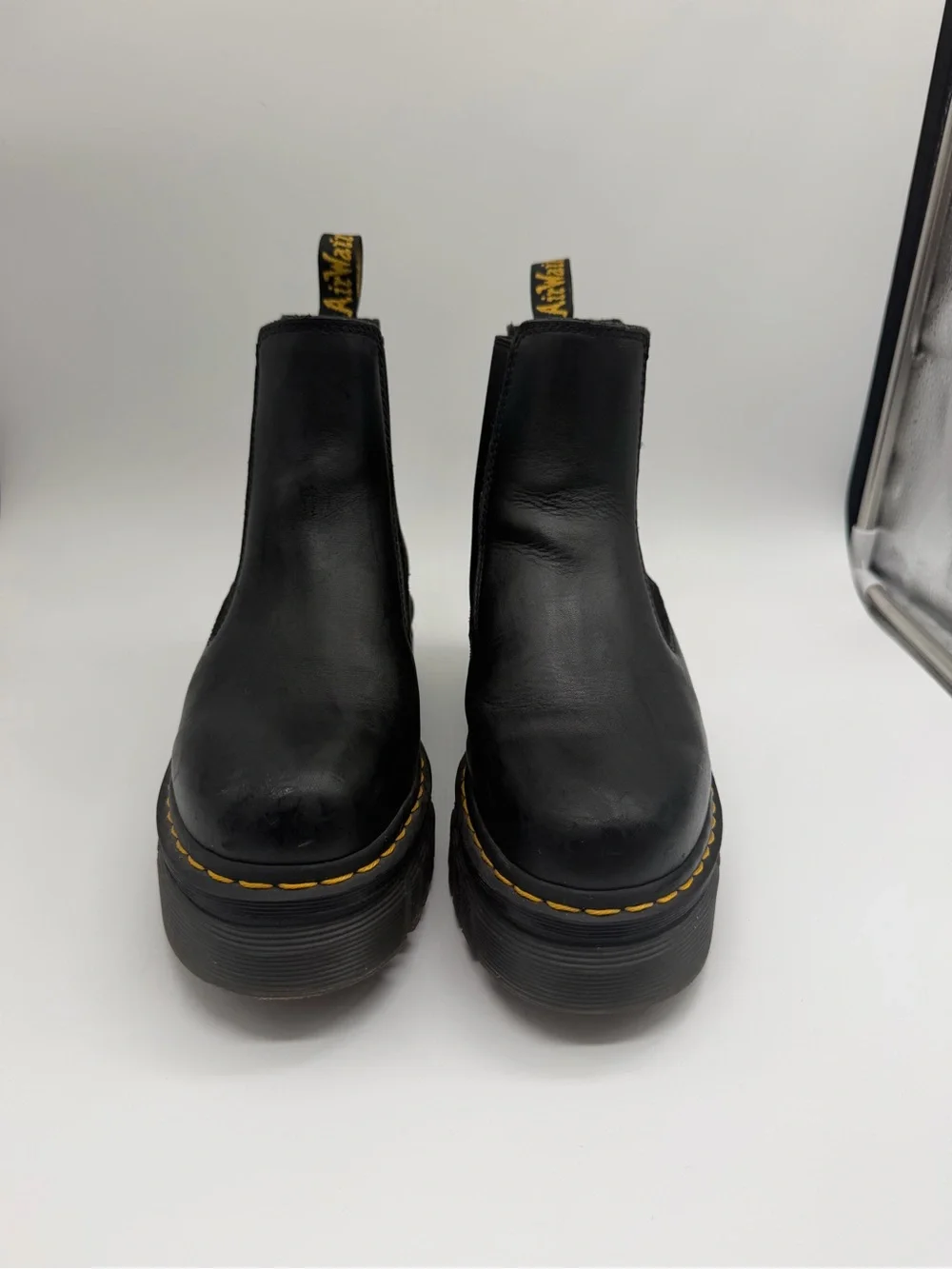 Dr. Martens Black Leather Platform Chelsea Boots with Yellow Stitch Sz 7 US